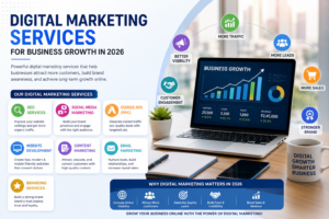 Digital Marketing Services for Business Growth in 2026 Introduction In 2026, businesses are growing faster online than ever before. Customers now search on Google, scroll through Instagram, watch YouTube videos, read online reviews, and compare brands digitally before making any buying decision. Whether it’s a small local business or a large company, having a strong online presence is no longer optional. If people cannot find your business online, they may choose your competitors instead. This is where digital marketing services become extremely important. Digital marketing helps businesses: Increase online visibility Generate quality leads Build brand trust Attract more customers Improve sales and revenue From SEO and social media marketing to Google Ads and branding, digital marketing services help businesses grow faster and compete effectively in the online world. In this detailed guide, we’ll understand what digital marketing services are, why businesses need them in 2026, and how they help businesses grow successfully. What are Digital Marketing Services? Digital marketing services are online marketing strategies used to promote businesses digitally. These services help businesses connect with customers through: Search engines Social media Websites Emails Online advertisements The goal of digital marketing is simple: Help businesses reach the right audience and convert them into customers. Types of Digital Marketing Services Digital marketing includes many different services. Each service plays an important role in online business growth. 1. SEO (Search Engine Optimization) SEO helps websites rank higher on Google search results. Example: If someone searches: “Best digital marketing agency” Google shows optimized websites first. SEO helps businesses appear in those search results. Benefits of SEO Organic website traffic Better online visibility Long-term growth Higher credibility More leads SEO is one of the most powerful long-term digital marketing strategies. 2. Social Media Marketing Social media marketing means promoting businesses on platforms like: Instagram Facebook LinkedIn YouTube Twitter Businesses use social media to: Build brand awareness Connect with customers Increase engagement Generate leads Why Social Media Marketing Matters People spend hours daily on social media platforms. A strong social media presence helps businesses: Stay visible Build trust Attract audiences Increase sales Popular Social Media Content Reels Educational posts Carousels Stories Videos Product promotions 3. Google Ads (PPC Advertising) Google Ads help businesses appear instantly on top of Google search results. Unlike SEO, Google Ads provide immediate visibility. Benefits of Google Ads Instant traffic Quick lead generation Targeted audience reach Higher conversions Businesses can run ads for: Products Services Websites Local businesses Example If someone searches: “Best gym near me” Google Ads can place your business at the top immediately. 4. Website Design & Development A website is the digital identity of a business. A professional website creates trust and helps customers understand your services. Important Features of a Good Website Mobile-friendly design Fast loading speed Professional appearance Easy navigation SEO optimization Why Website Design Matters Customers judge businesses based on their websites. An outdated or slow website creates a poor impression. A professional website improves: Brand trust User experience Conversions 5. Content Marketing Content marketing focuses on creating valuable content to attract and educate customers. Content includes: Blogs Videos Social media posts Infographics Guides Why Content Marketing is Important Good content helps businesses: Build authority Improve SEO Educate customers Increase engagement Example Blog Topics For healthcare businesses: Health tips Treatment guides Wellness advice For marketing agencies: SEO tips Social media strategies Google Ads tutorials Helpful content attracts organic traffic naturally. 6. Email Marketing Email marketing helps businesses communicate directly with customers. Businesses use emails for: Promotions Updates Offers Customer engagement Benefits of Email Marketing Builds customer relationships Increases repeat customers Cost-effective marketing Personalized communication 7. Branding Services Branding creates a unique identity for businesses. Strong branding helps businesses look: Professional Trustworthy Memorable Branding Includes Logo design Brand colors Brand voice Visual identity Social media aesthetics Good branding improves customer trust and recognition. Why Businesses Need Digital Marketing in 2026 Digital marketing has become essential because customer behavior has changed completely. People now spend more time online than ever before. Businesses that build strong online visibility grow faster. 1. Increased Online Visibility Digital marketing helps businesses appear where customers spend time: Google Instagram Facebook YouTube More visibility means more opportunities. 2. Better Lead Generation Digital marketing attracts people who are already interested in your products or services. This improves lead quality and conversions. 3. Cost-Effective Marketing Compared to traditional advertising, digital marketing often provides better returns at lower costs. Even small businesses can compete online. 4. Builds Customer Trust Professional websites, social media pages, reviews, and helpful content increase credibility. Customers trust brands with strong online presence. 5. Improves Customer Engagement Businesses can directly interact with customers through: Social media comments Messages Emails Live chats This creates better customer relationships. Important Digital Marketing Strategies for Business Growth SEO Strategy Businesses should: Use relevant keywords Publish blogs regularly Optimize website speed Build backlinks SEO improves long-term organic growth. Social Media Strategy Post: Educational content Reels Behind-the-scenes content Customer testimonials Consistency improves engagement. Google Ads Strategy Target: Specific locations Audience interests Keywords This improves ad performance and ROI. Content Strategy Focus on: Helpful blogs Educational videos Customer-focused content Content builds trust and authority. Local Digital Marketing for Small Businesses Local businesses can use digital marketing to attract nearby customers. Important Local Strategies Google Business Profile Helps businesses appear on Google Maps. Local SEO Targets nearby searches like: “Salon near me” “Restaurant in Delhi” Local Ads Target nearby audiences using Google and Facebook ads. Digital Marketing Trends in 2026 Digital marketing is changing rapidly. Businesses must adapt to new trends. 1. AI in Digital Marketing AI tools now help with: Content creation Customer support Analytics Ad optimization AI improves efficiency and personalization. 2. Short Video Content Reels and short videos dominate social media engagement. Video marketing is becoming more important every year. 3. Personalized Marketing Customers expect personalized experiences. Businesses now use: Targeted ads Personalized emails Customized recommendations 4. Voice Search Optimization People increasingly use voice assistants for searches. Businesses should optimize content for natural conversational searches. 5. Mobile-First Marketing Most users browse through smartphones. Mobile-friendly websites and content are essential. Common Digital Marketing Mistakes Businesses Should Avoid 1. Ignoring SEO Without SEO, websites struggle to get organic traffic. 2. Inconsistent Posting Inactive social media reduces engagement. 3. Poor Website Design Slow or outdated websites hurt conversions. 4. Focusing Only on Sales Businesses should provide value, not just promotions. 5. Ignoring Analytics Tracking performance helps improve marketing strategies. How Digital Marketing Helps Businesses Grow Faster Digital marketing helps businesses: Reach larger audiences Generate quality leads Increase sales Build strong branding Improve customer trust Businesses with strong digital marketing strategies often grow faster than competitors. How Digitallogy Helps Businesses Grow Online At Digitallogy, we help businesses grow digitally with smart and result-driven marketing strategies. Our digital marketing services include: SEO services Social media marketing Google Ads Website development Content marketing Branding solutions Local SEO We help businesses build a strong online presence, generate quality leads, and achieve long-term growth digitally. Final Thoughts Digital marketing is no longer optional in 2026. Today’s customers discover, research, and trust businesses online before making buying decisions. Businesses that invest in digital marketing can: Increase visibility Attract more customers Build stronger brands Generate more revenue From SEO and social media marketing to content creation and paid advertising, every digital marketing service plays an important role in online business growth. The future belongs to businesses that adapt digitally. Whether you own a startup, clinic, salon, agency, or local business, digital marketing can help you grow faster, smarter, and more effectively in today’s competitive online world.